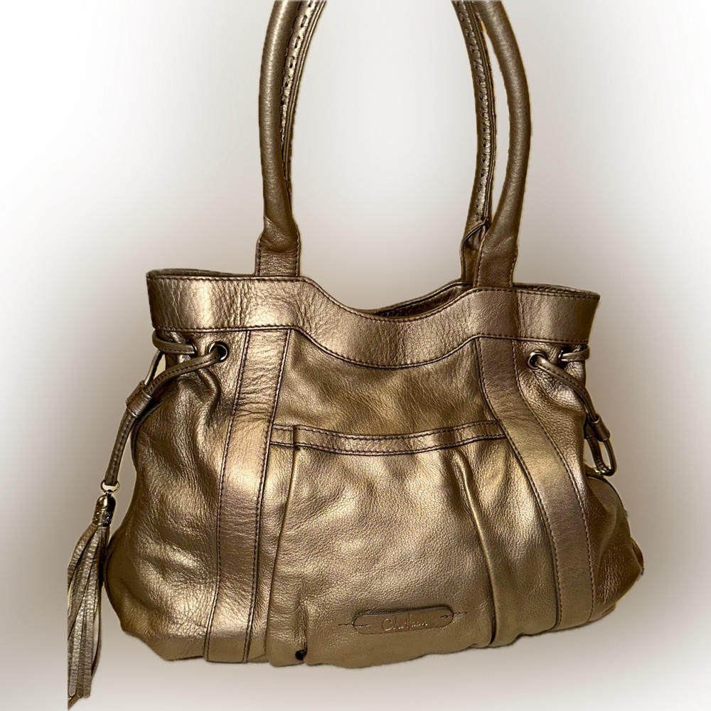 Cole Haan soft leather, pewter colored medium shoulder bag, good used condition